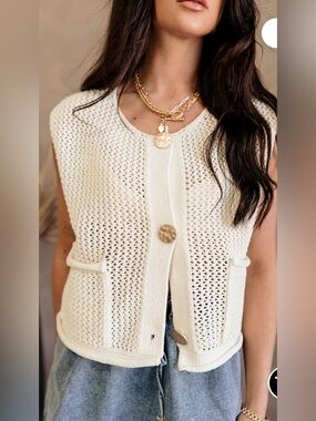 Miss Sparkling Cream Crochet Knit Sweater Vest Gold Button Front XL Boho